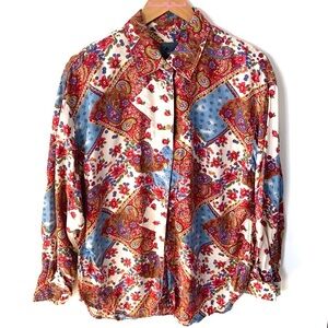 Liz wear Paisley BoHo button down long sleeve top, size L